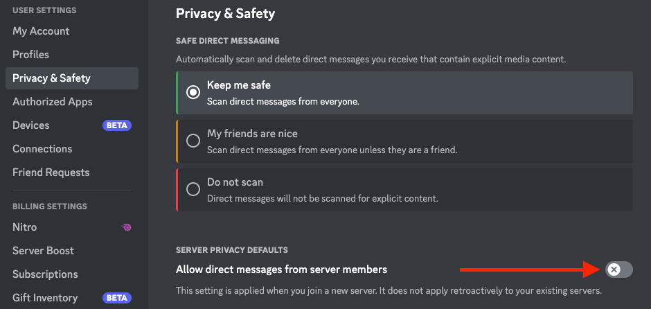Allow direct messages from sever member
