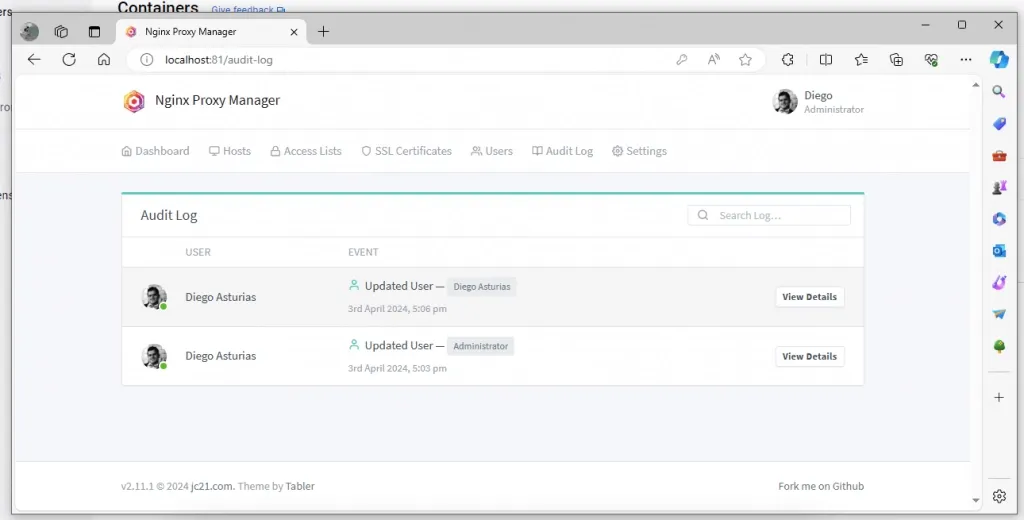 Audit log in Nginx proxy manager